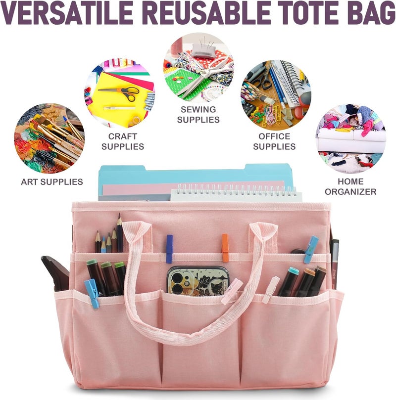 Cupohus Art Organizer Craft Storage Tote Bag with Pockets and Handles, Oxford Fabric Carrying Caddy for Teacher, Officer, Artist, Traveler, and more –Pink - Image 2